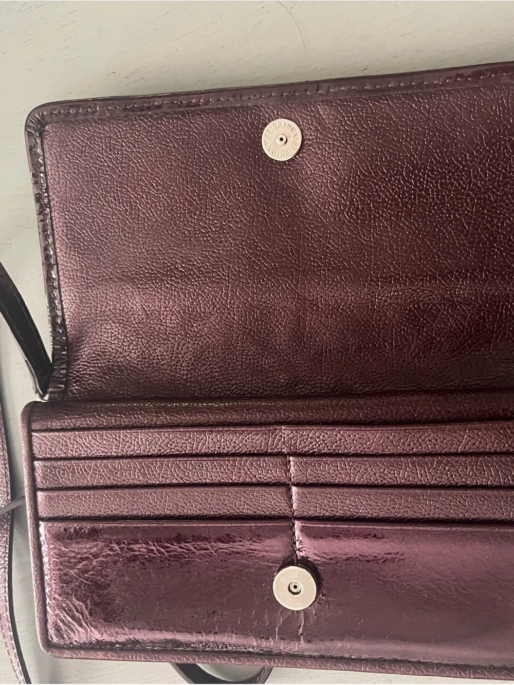 Brighton Metallic Plum Patent Leather Floral Embroidered Crossbody Wallet / Bag